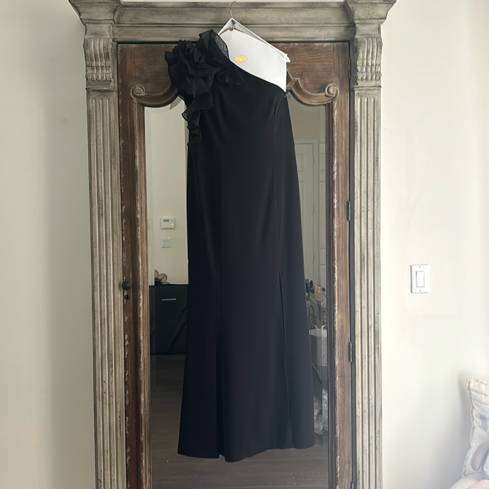 Marina black mermaid style one shoulder ruffle dress